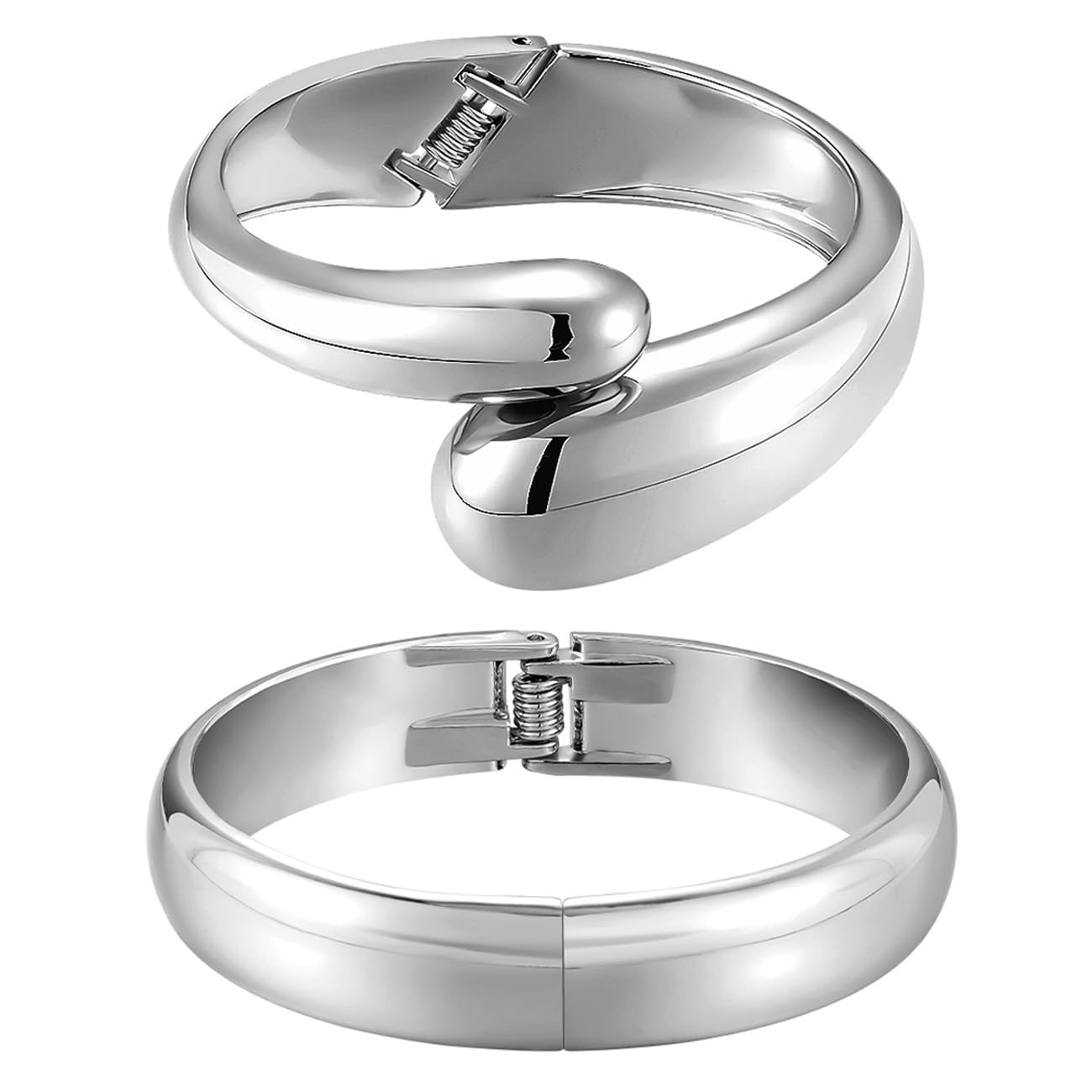 Emibele Manschette Armband Stack, Offener Armreif Armband, Teardrop Scharnier Handgelenk Chunky Armband Set für Frauen, Nicht Anlaufen Schmuck Geschenk, 2 Pack, Silber