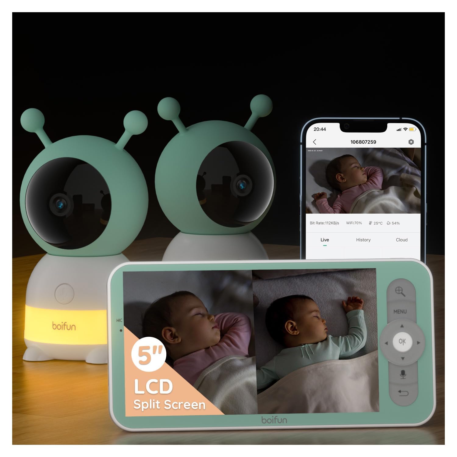 BOIFUN 2K Split-Screen 5 Inch Wi-Fi Baby Monitor With 2 Cameras, Colorful Night Light, AI Motion & Sound & Humidity & Temp Detection, Auto Tracking Via Smartphone App And Monitor Control, Night Vision