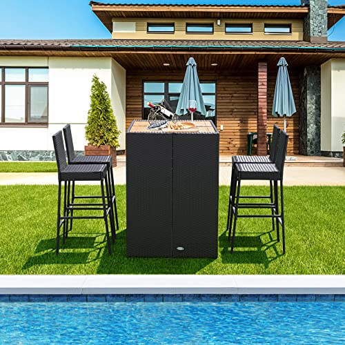Happygrill HG1446 5 Pieces Rattan Outdoor Bar Set With Height Table & 4 Cushioned Bar Stools, Patio Bar Set Wicker Dining Set thumb #2