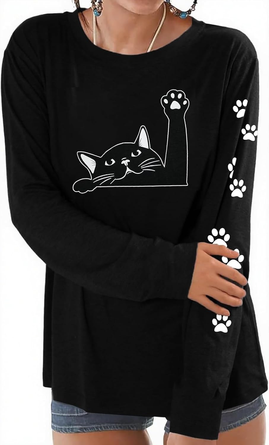 JINTING Cat Shirts for Women - Loose Fit Lightweight Long Sleeve Graphic Spring Outfits Printed Blouse Casual Tops