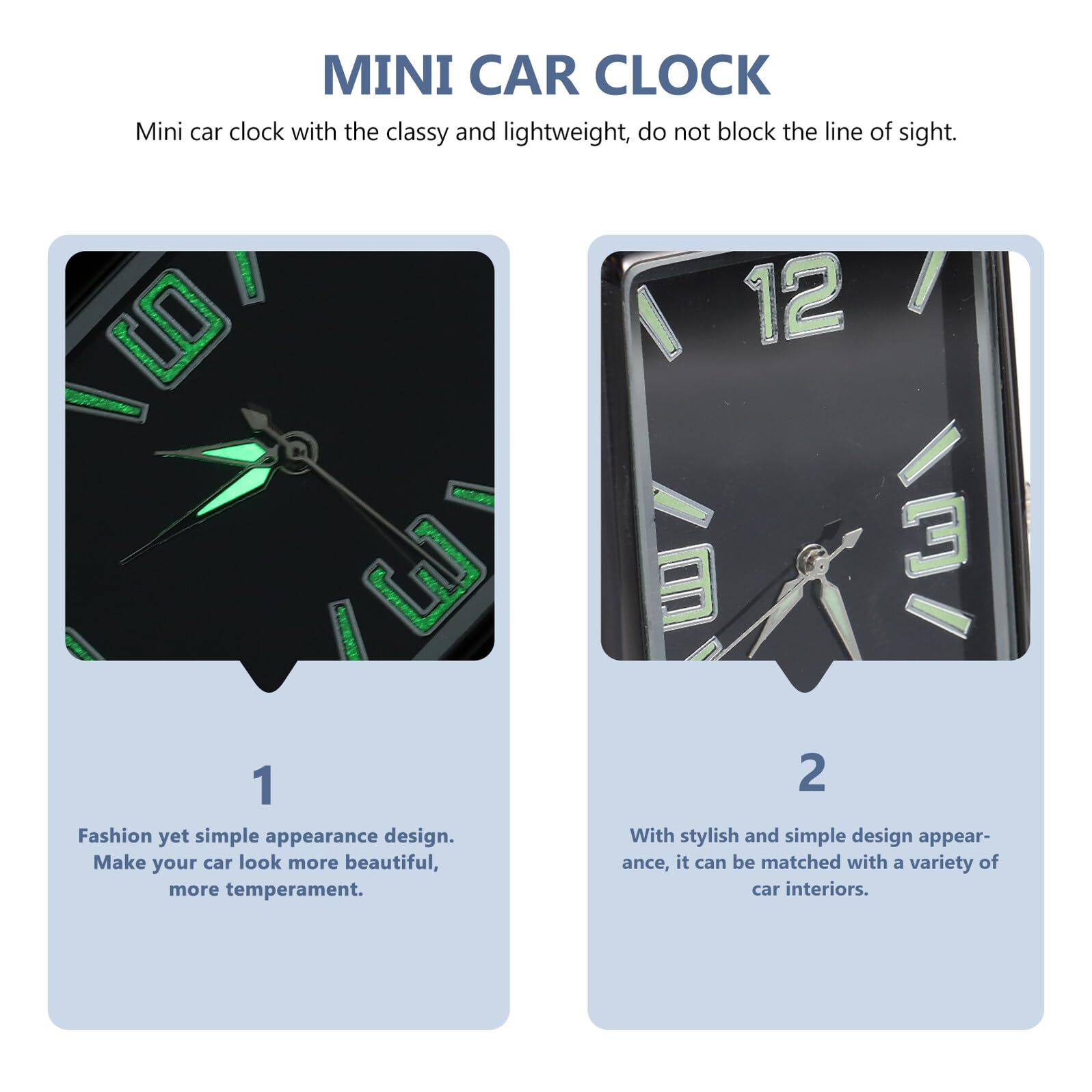 Reloj Analógico Adhesivo Cuadrado para Coche, Negro, Pequeño | Aleación y Vidrio, Operación Sencilla, No Bloquea la Vista, Incluye Pila Botón