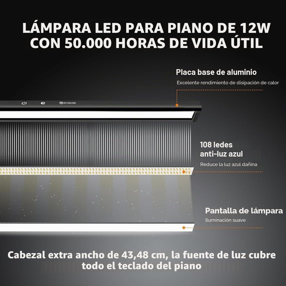 Lámpara de Piano LED Regulable, 2 en 1, con Base de Abrazadera, Cuello de Cisne Flexible, 3 Modos de Color, Ajustable y Enchufe de la UE.