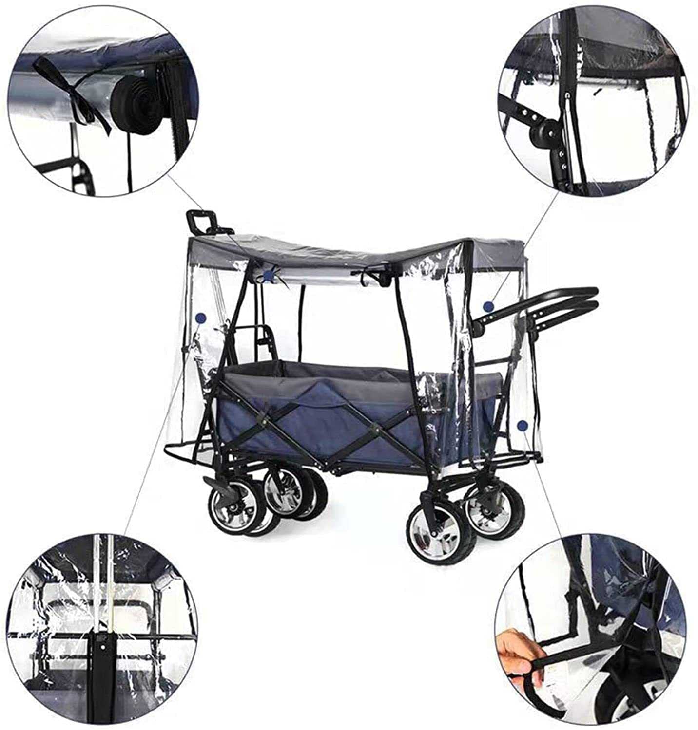 Cubierta de Lluvia para Carrito de plástico Transparente, Carrito Plegable para Exteriores, Carrito de Compras Ligero y portátil, Accesorios para Carrito de Camping portátil con Empuje Manua