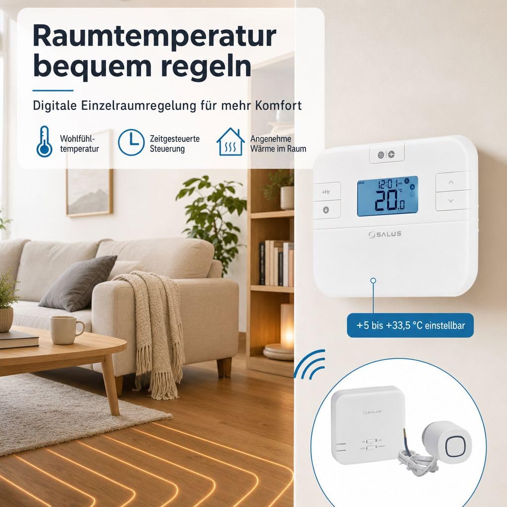 SALUS Controls SmartHome Heizung Einzelraumregelung Digitaler Funk Raumthermostat mit Empfänger, 3X Stellantrieb und 1x gh24 Phasenprüfer