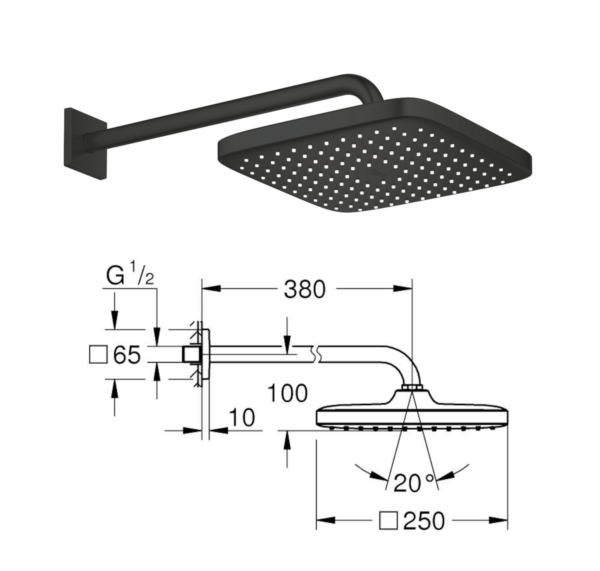 Grohe Duschsystem mit Unterputz Duscharmatur von Grohe Cubeo Regendusche mit Armatur, Duschkopf eckig, Wandarm Dusch-SET GSK11 schwarz matt