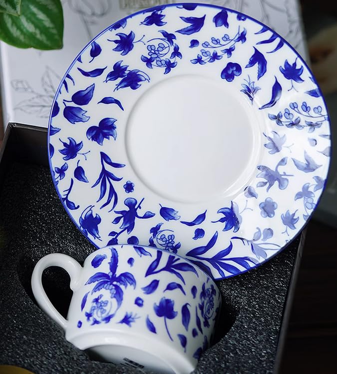 Handgefertigtes Kaffeetassen- und Untertassen-Set aus Keramik mit blauen Blättern Keramik-Kaffee- Teetassen- und Untertassen-Set Teller Hafermilchbecher Hochzeitsgeschenke