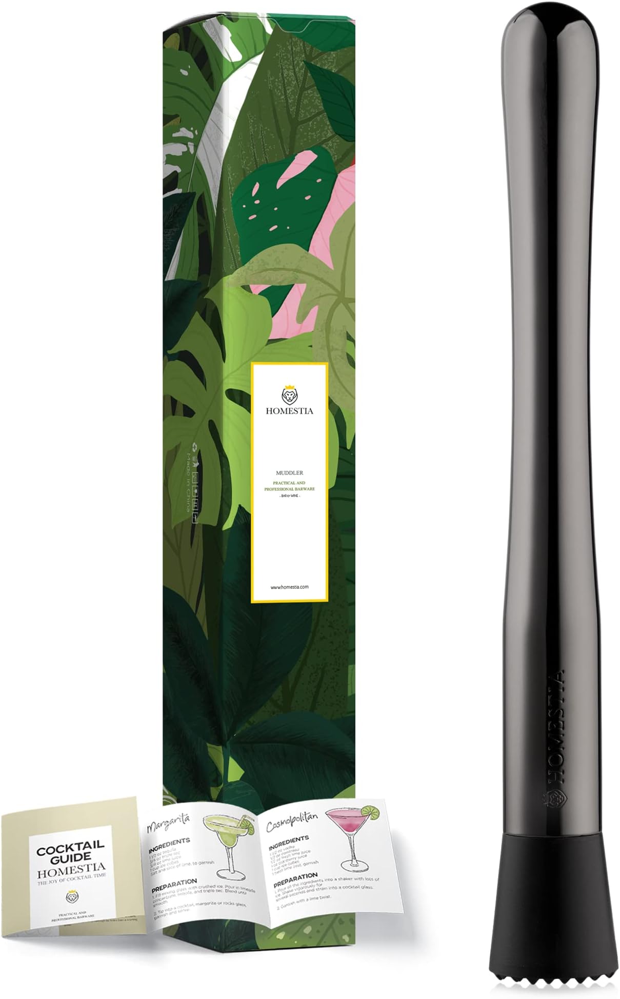 Homesetia Black Muddler for Cocktails - 10 Inch Professional Stainless Steel Muddler - Durable Cocktail Muddler Drink Smasher & Mojito Muddler - Wine Accessories Ideal Valentines Day Gifts for Him