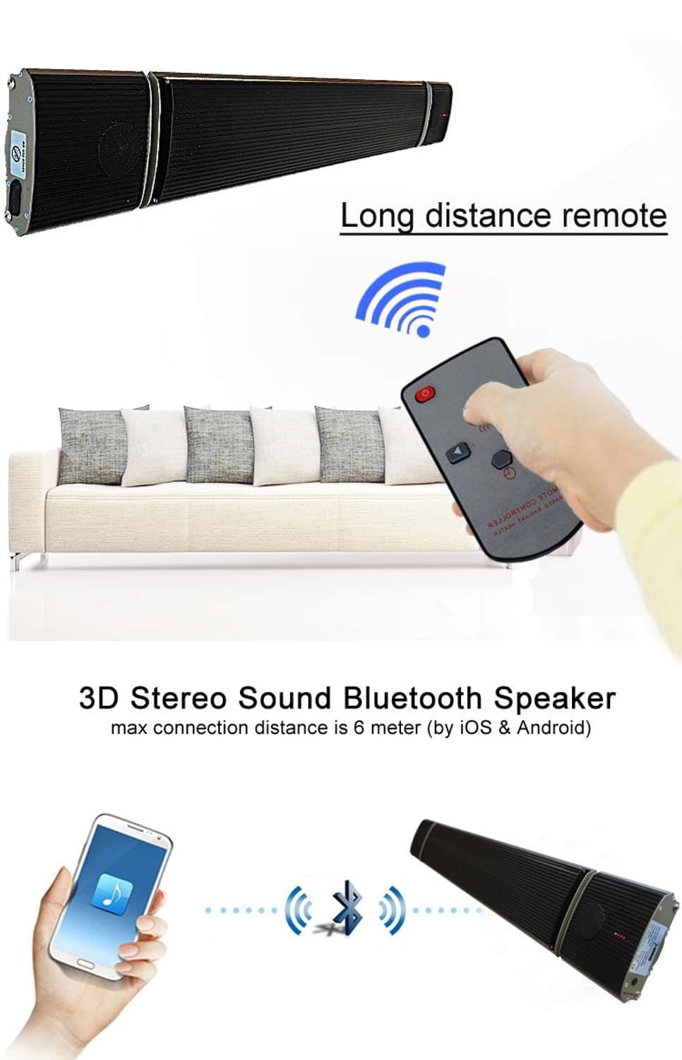 Jhheater Sonido infrarrojo 1000 Lámpara infrarroja de onda larga de 1000W sin emisión de luz, calentador con altavoces