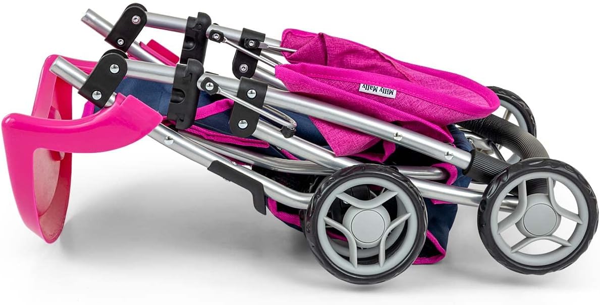 Milly Mally Kate Folding Dolls Pram for Girls from 3 Years with Canopy Foam Wheels Straps Prestige Navy