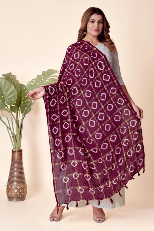 Image of Women Bandhani Dupatta | Traditional Chunri Print with Decorative Border | Lightweight Ethnic Stole for Festive and Wedding Wear