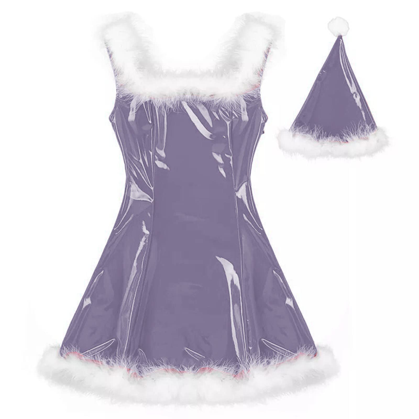 Amazon.com: Women Santa Claus Glossy Mini Dress Feather Decor Sleeveless  PVC Dress Sexy Cosplay Costume Christmas Uniform with Hat,Deep Purple,M :  Clothing, Shoes & Jewelry