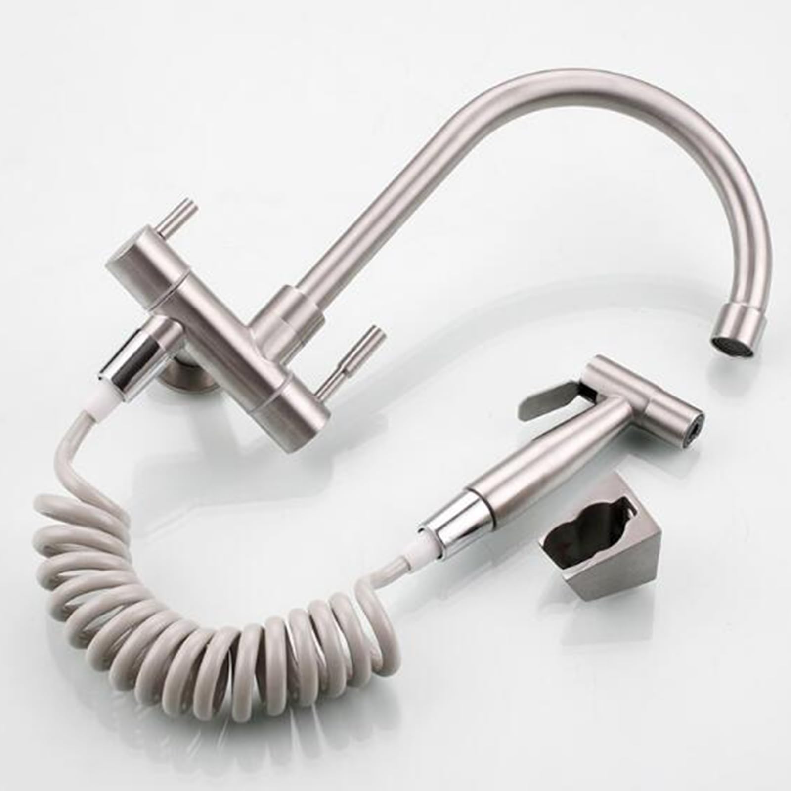 Grifo de Cocina de Pared Agua Fria Acero Inoxidable Grifo de Cocina con Pistola Rociadora Grifo de Fregadero-C