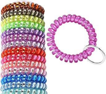 12Pcs Colors Spiral Wrist Coil Key Chain Plastic Spiral Coil Hair Tie for Women Bracelet Wrist Coil for Sauna Badge Shopping Mall and Outdoor Sports