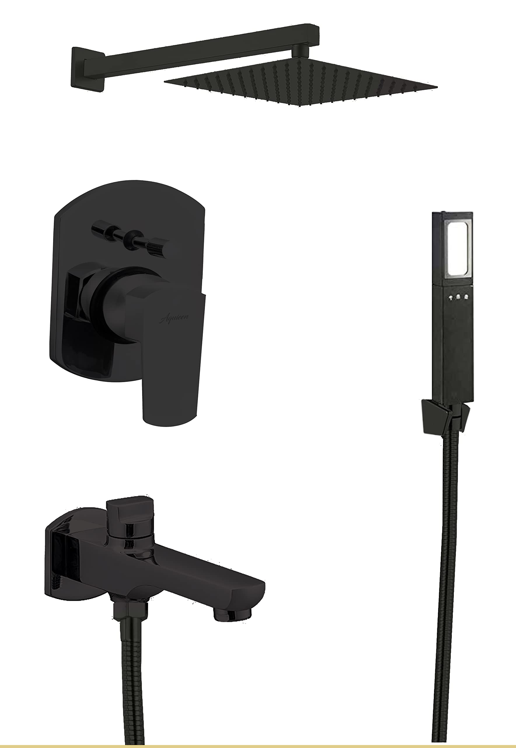 Aquieen Wall Mounted Hi Flow Diverter Body with 8" Shower, Spout, Hand Shower Hook & Tube PVD Black (Zura Diverter Set Black), Brass, Chrome