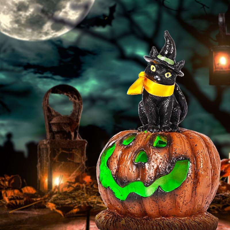 HUYIENO Solar Halloween Pumpkin Decoration with Cat Solar Powered Garden Lights Halloween Yard Lawn Party Outdoor Decorations