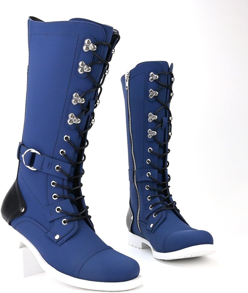 Santimon Men's Tall Lace-Up Combat Boots Side Zipper Fashion Buckle Strap Riding Boots Durable Non-Slip Knee High Boot