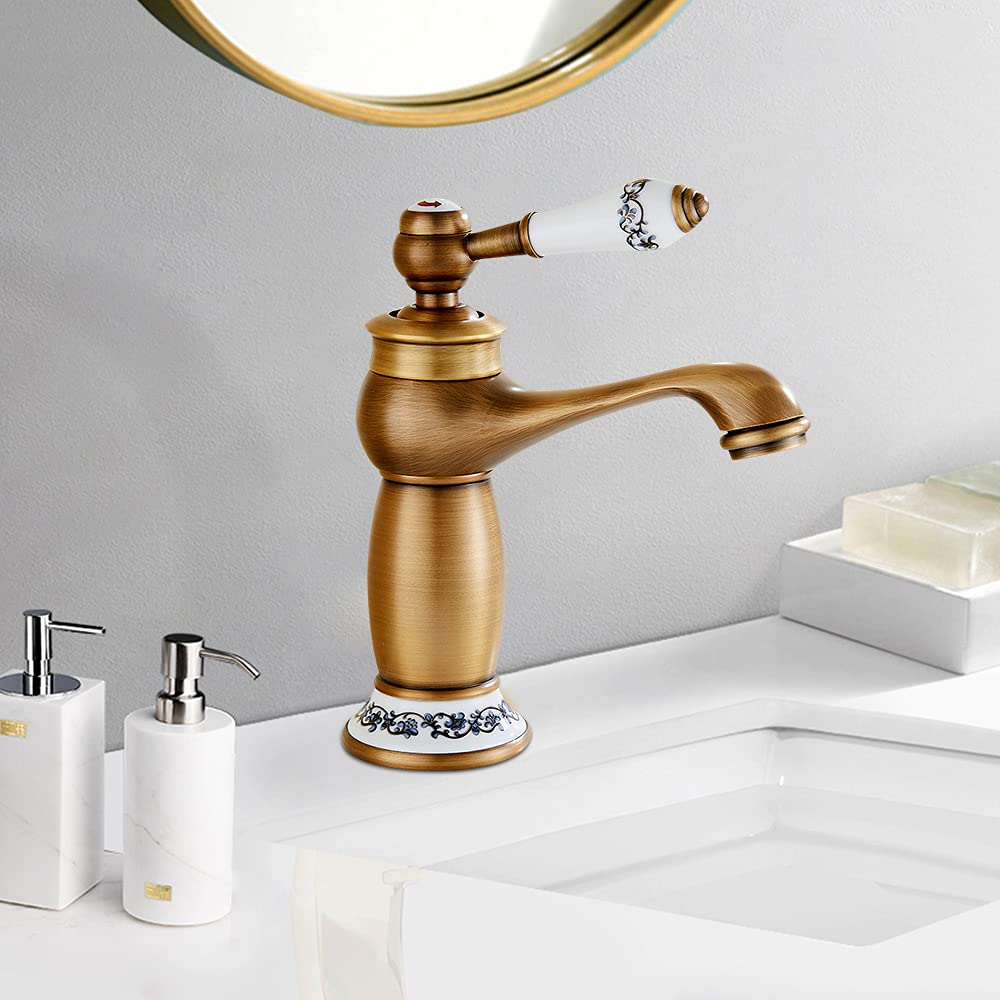 Rubinetto antico, in ottone anticato, per lavabo, in ceramica, per lavabo, in stile retrò, classico, per acqua fredda/calda