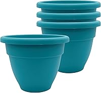 The HC Companies 8-Inch Caribbean Planter Pots 4-Pack, Drainage Plug, UV-Resistant Dusty Teal Plastic for Indoor Outdoor Plants