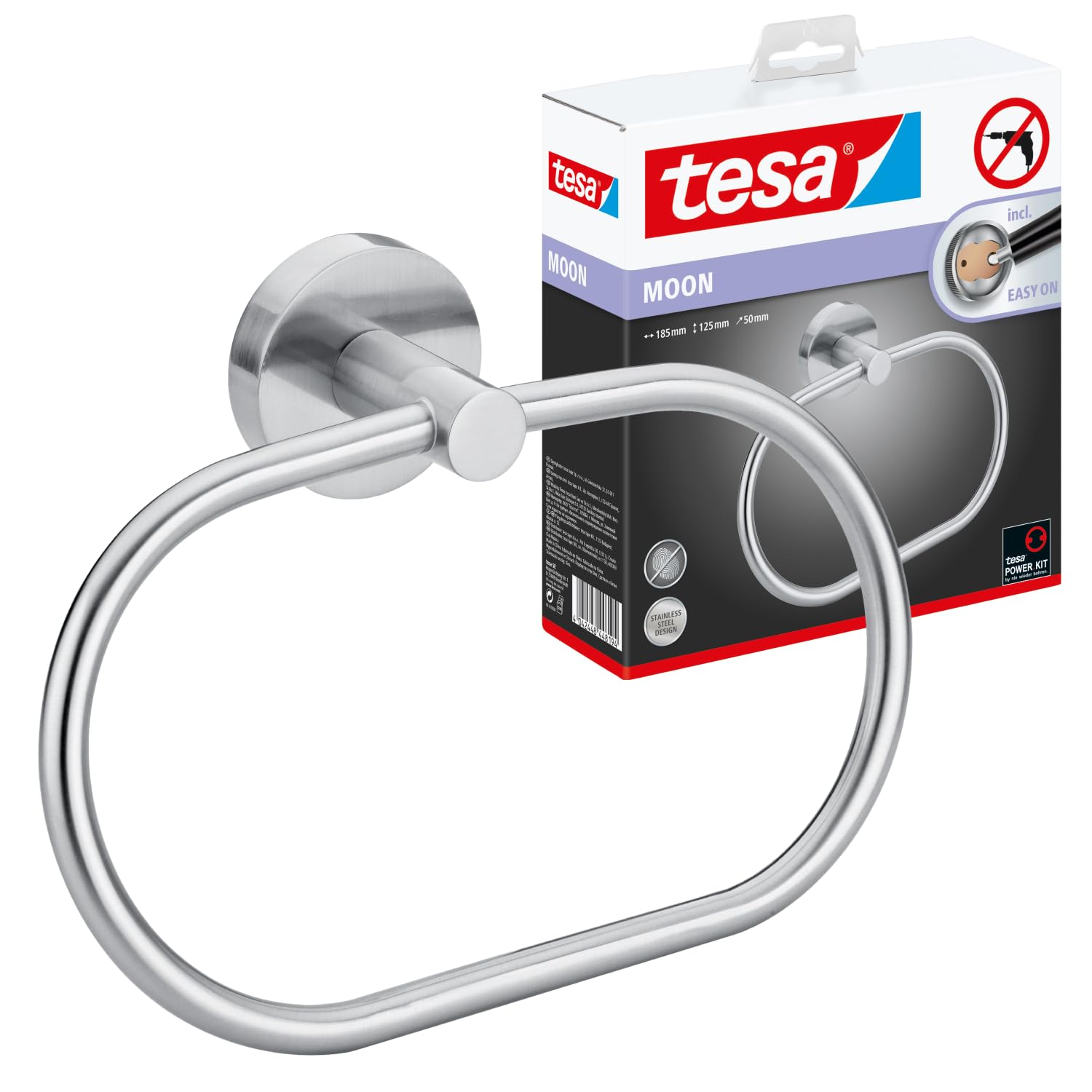 tesa Moon Handtuchring, Edelstahloptik - Handtuchhalter-Ring oval - zur Wandbefestigung ohne Bohren, inkl. Klebelösung - 185mm x 125mm x 50mm