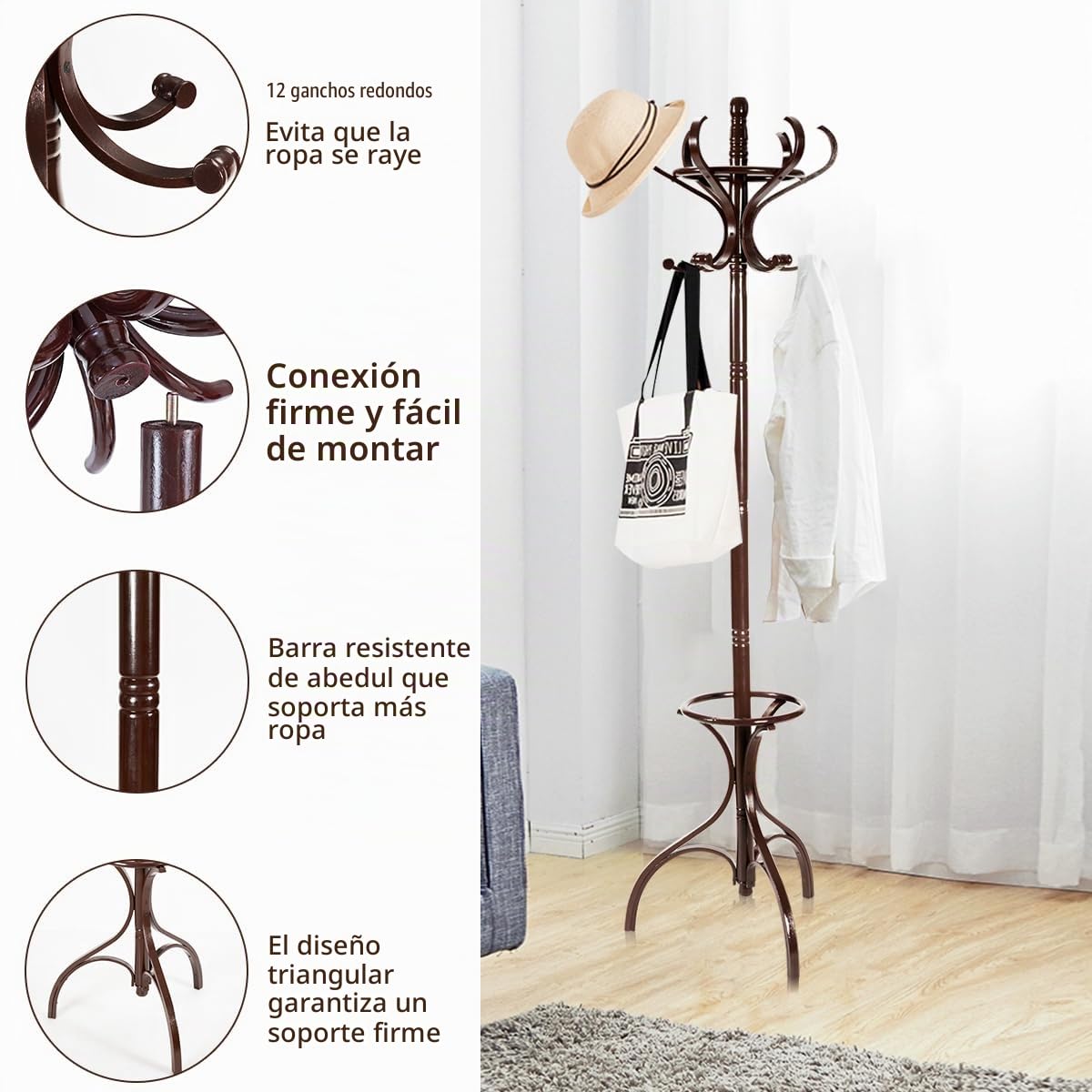 HOMASIS Perchero de pie de madera maciza, perchero de pie moderno con 12 ganchos y paragüero, porta ropa para entrada, dormitorio, salón (marrón)