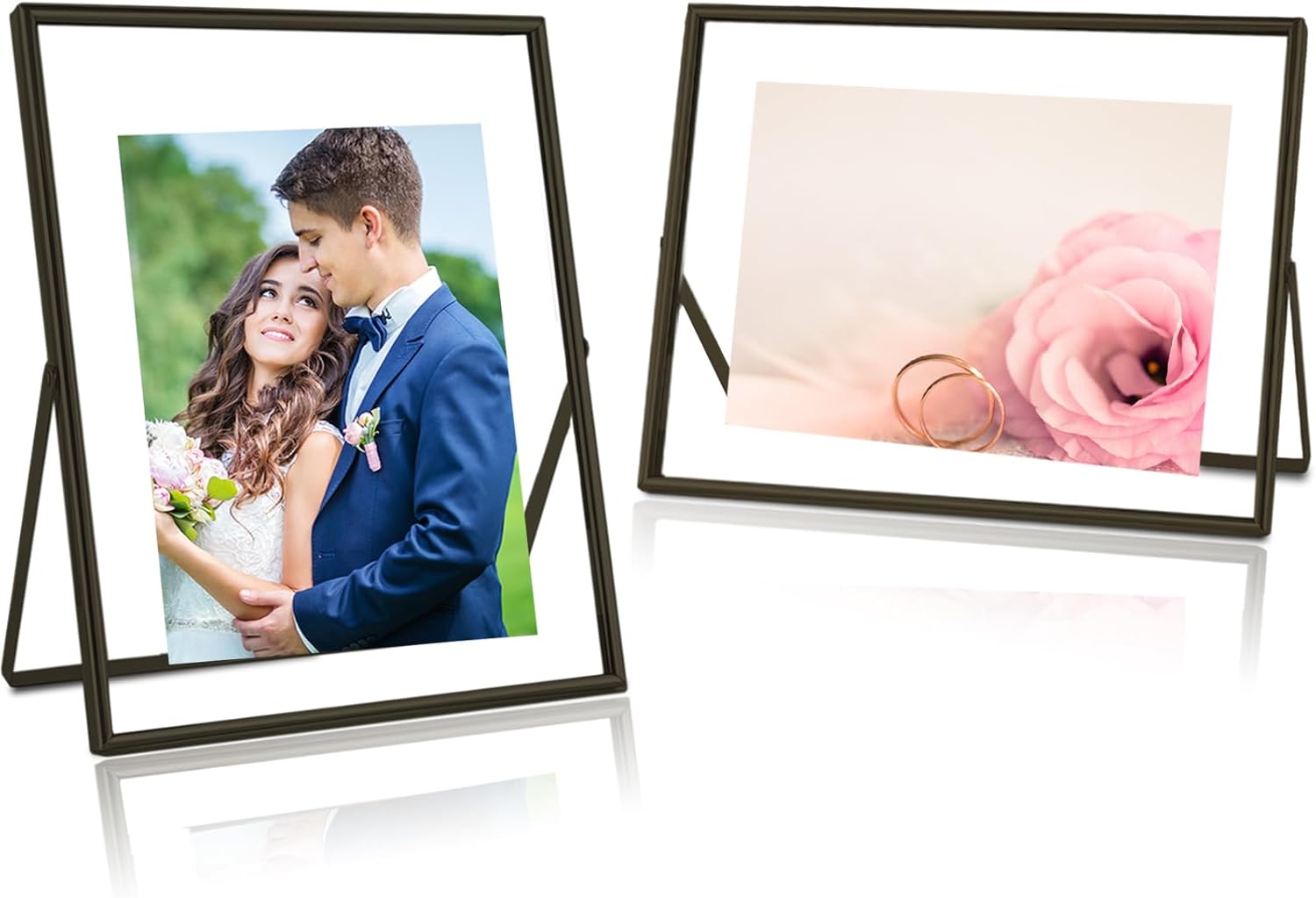 8x10 Picture Frame set of 2 (Black, Horizonta + Vertical) for 5x7 6x8 with Floating Effect, for 8 x 10 without Floating, Double Real Glass Photo Frames Only for Tabletop