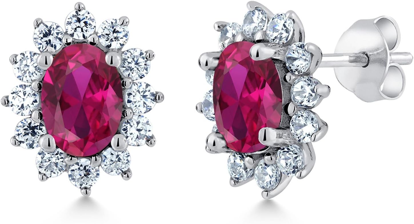 Gem Stone King 7X5MM Oval Gemstone Birthstone Stud Earrings For Women | Princess Diana Royal Halo Style | 925 Sterling Silver | Fine Jewelry Gifts for Anniversary Wedding Her Mom Women Wife