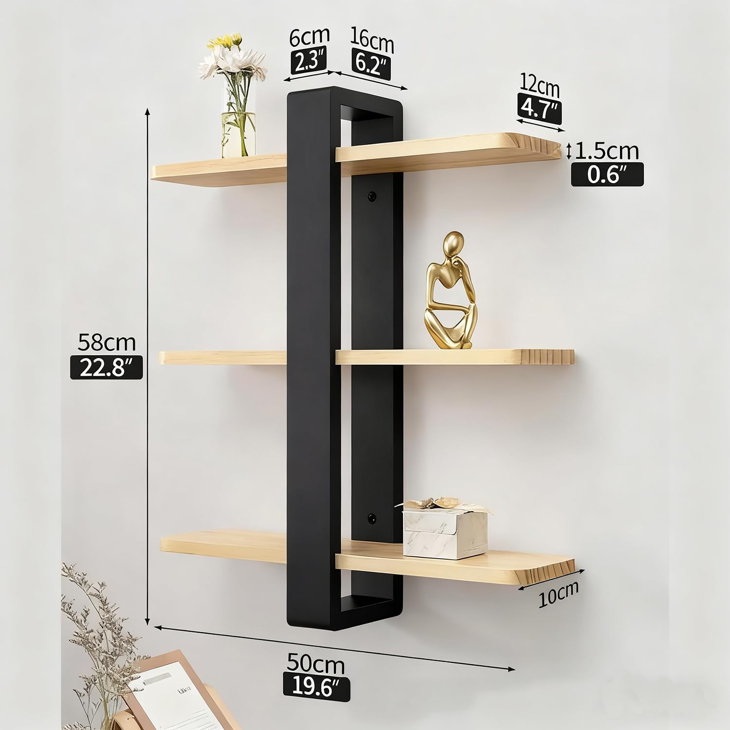 Mensole Da Muro，Mensole Da Parete，Mensola Sospesa Decorativa a 3 Livelli, Mensola In Legno Moderna Per Pareti, Adatta Per Soggiorno, Camera Da Letto, Ufficio, Cucina (Nera, 58 * 50 * 12 Cm)