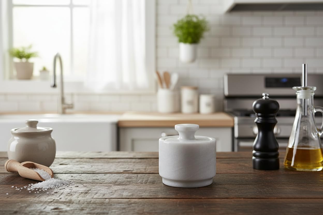 White Marble Salt Cellar with Lid| 3.2 Inch Elegant Kitchen Condiment Keeper| Decorative Salt Holder| Salt Cellar Marble| Salt, Sugar, Spices Container,Salt Bowl
