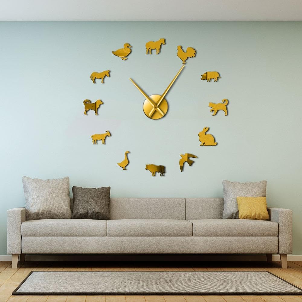 Farm Animals Nursery Acrylic Clock Kit for Wall Design,3D Frameless Wall Clock with Mirror Stickers for Living Room Decoration-G-27
