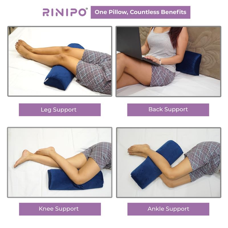 Image of Orthopaedic Leg Support Memory Foam Half Moon Bolster (Blue) - 2 Year Warranty Knee Pain Relief for Side Sleepers Back Alignment Roll for Sleeping & Office Sitting Washable Velvet Cover