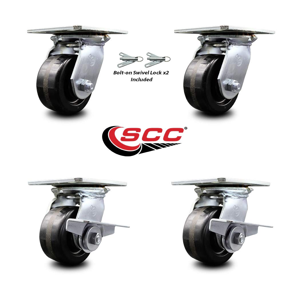 Heavy Duty Large Top Plate Phenolic Swivel Caster Set of 4 w/4" x 2" Black Wheels - Includes 2 Swivel with Bolt on Swivel Locks&2 Swivel with Brakes-3200 lbs Total Capacity - Service Caster Brand