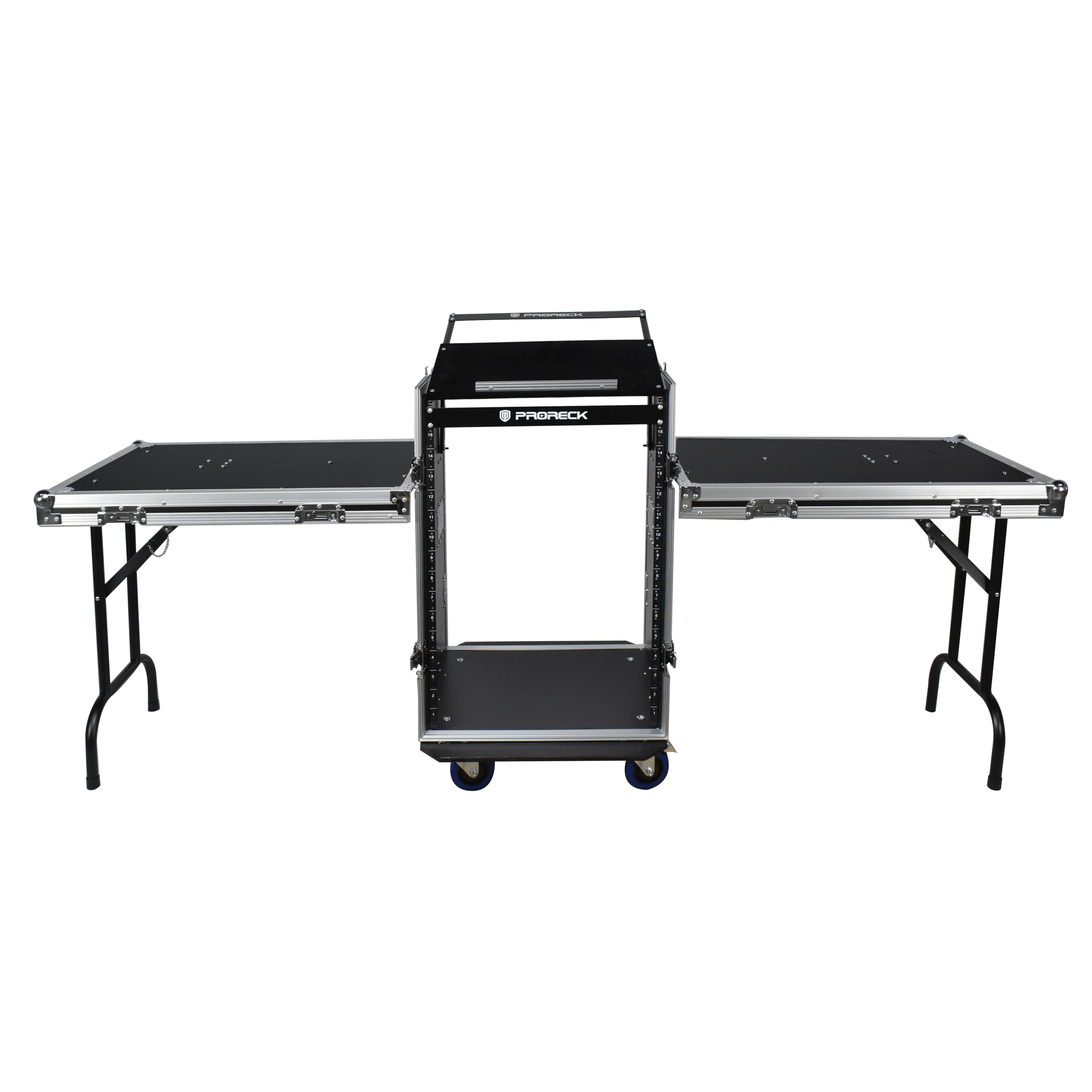 PRORECK 16U Rack/Road Case With Slant Mixer Top, Two Side Table And Casters, 20'' Rackable Depth, Plywood, 16U Installation Size, Pro Stage Performance.