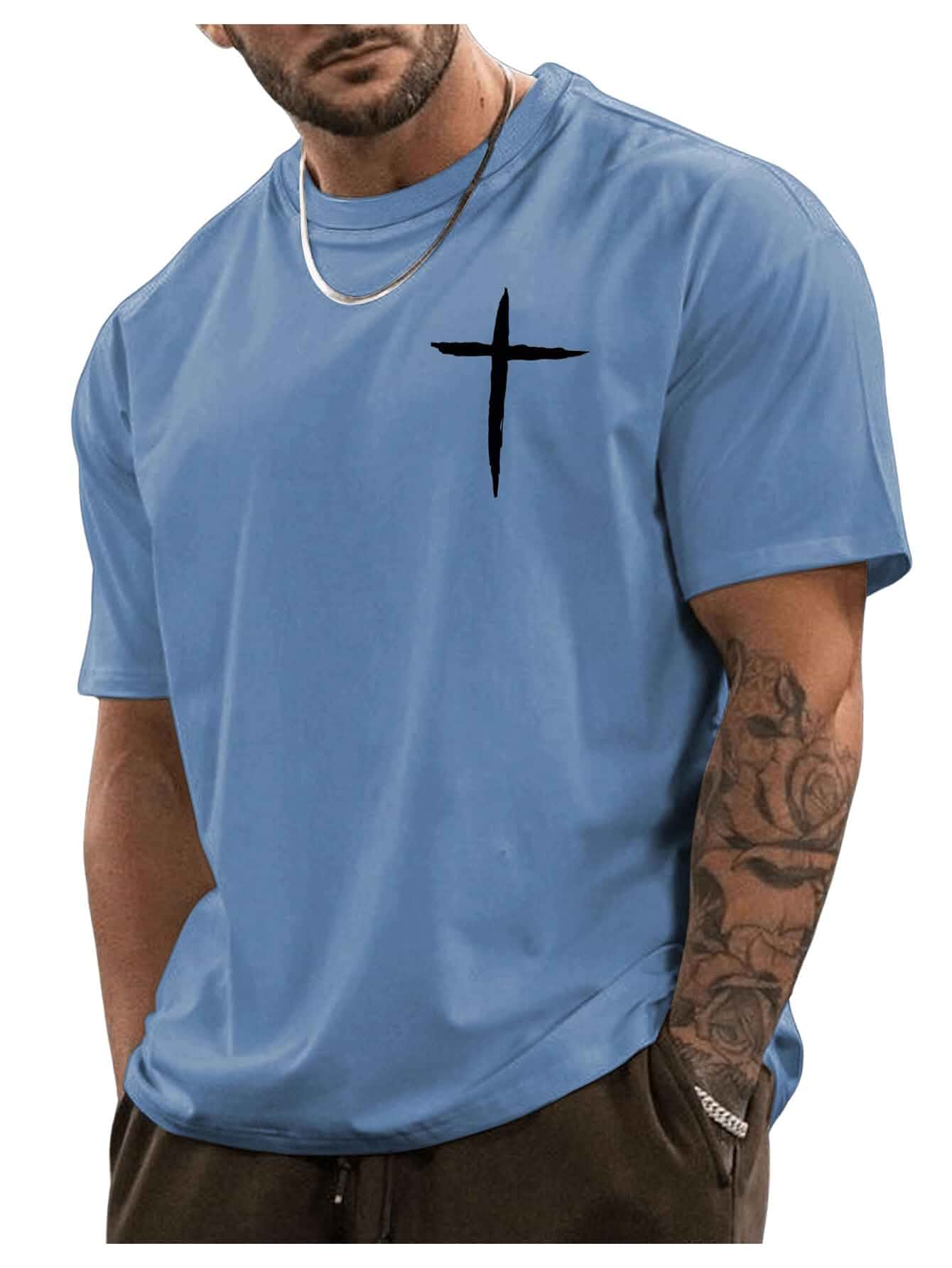 BEAUDRM Men's Plus Size Cross Graphic Tee Short Sleeve Regular Fit T Shirt Round Neck, Casual, Streetwear, Graphic T Shirt, Goth Tee Tops