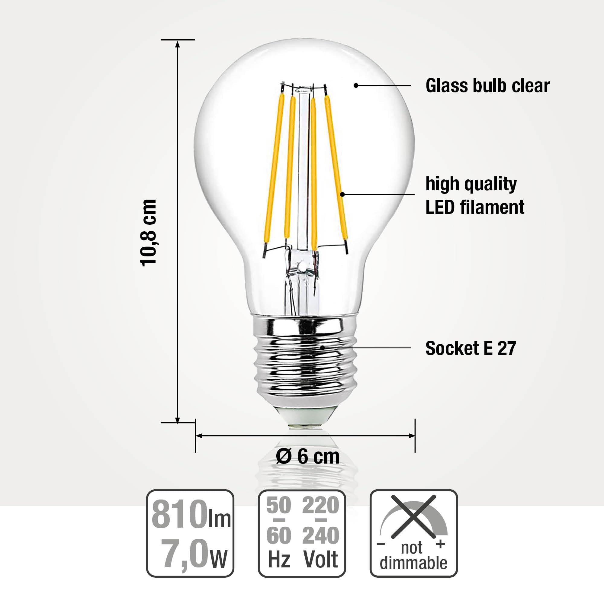Hellum Lampadina Filamento LED, 10 pezzi, 7W equivalenti a 60W, con attacco E27, 810 lumen, Luce bianca calda 2700K, Forma a Lampadina A60, con filamento in vetro transparente, senza sfarfallio 206111