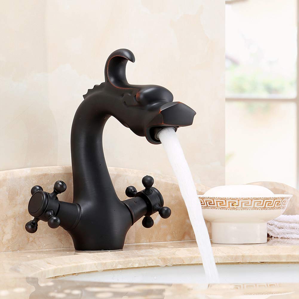 Wasserhahn Bad Waschtischarmatur, Schwarz Antikes Messing Waschtischmischer Armatur Kaltes Und Heißes Wasser Vorhanden, Geeignet Für Badezimmer Und Waschbecken, Zweigriff Waschtischarmaturen