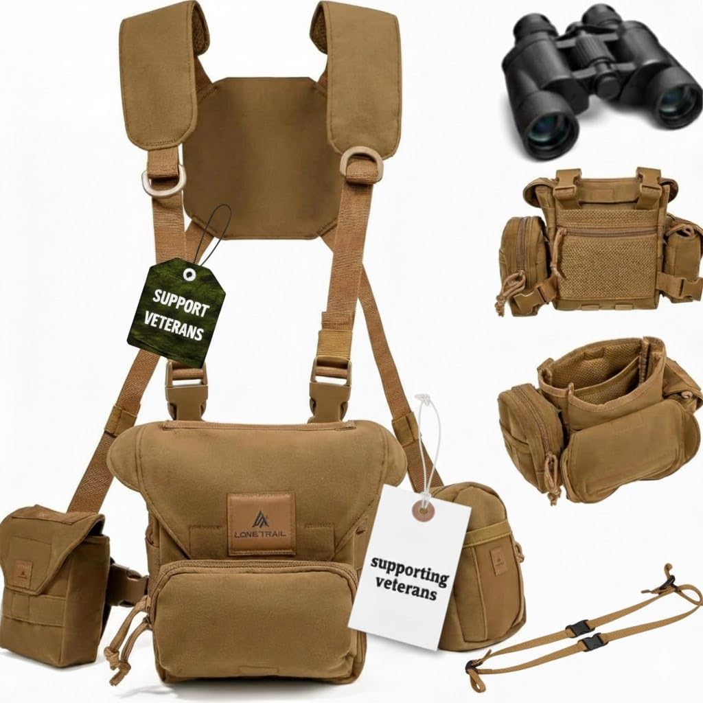 Lone Trail Heavy-Duty Bino Harness Chest Pack with Binocular Tethers - Brown - Silent & Adjustable All-in-One Optics Rig