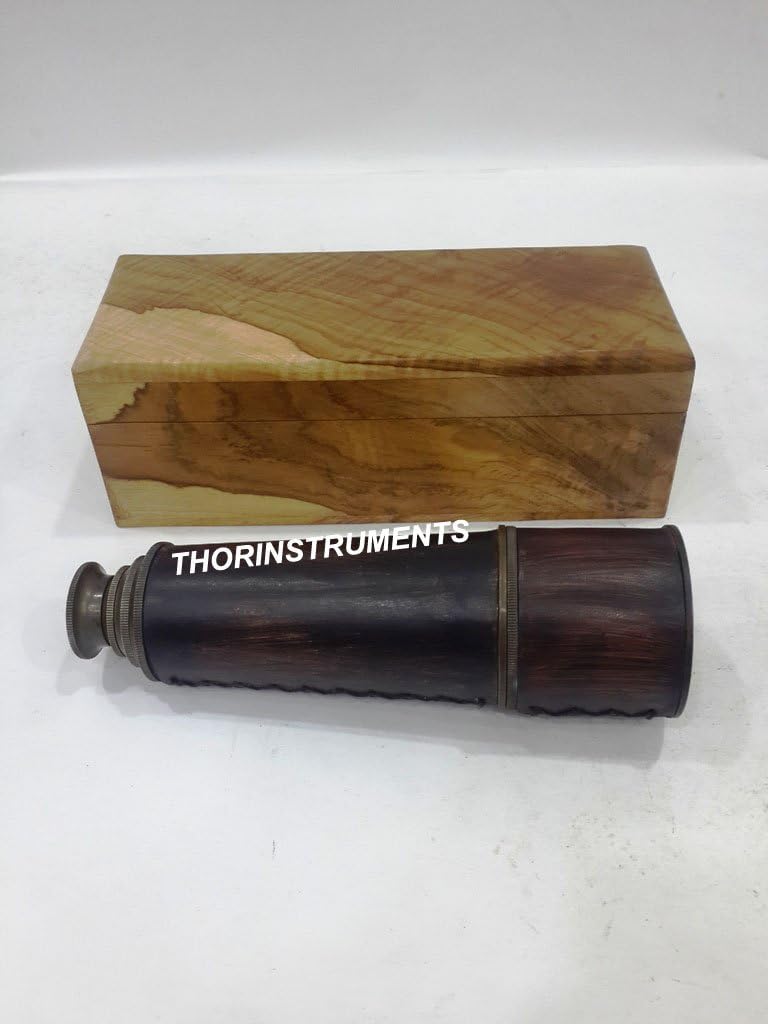 Vintage Bronze Telescope Antique Leather w/Natural Wooden Nautical Gift Decorative Rustic Vintage Home Decor Gifts