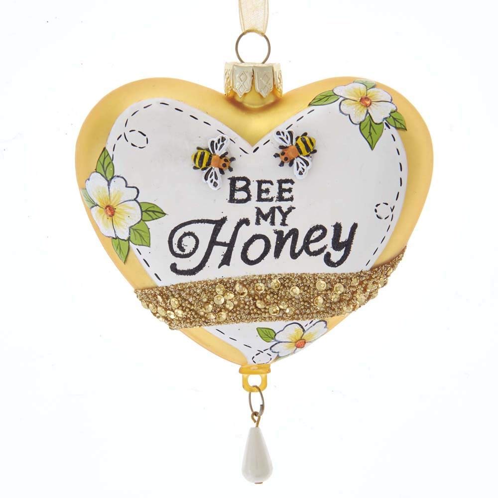 Glass Gold and White "Bee My Honey" Heart Ornament