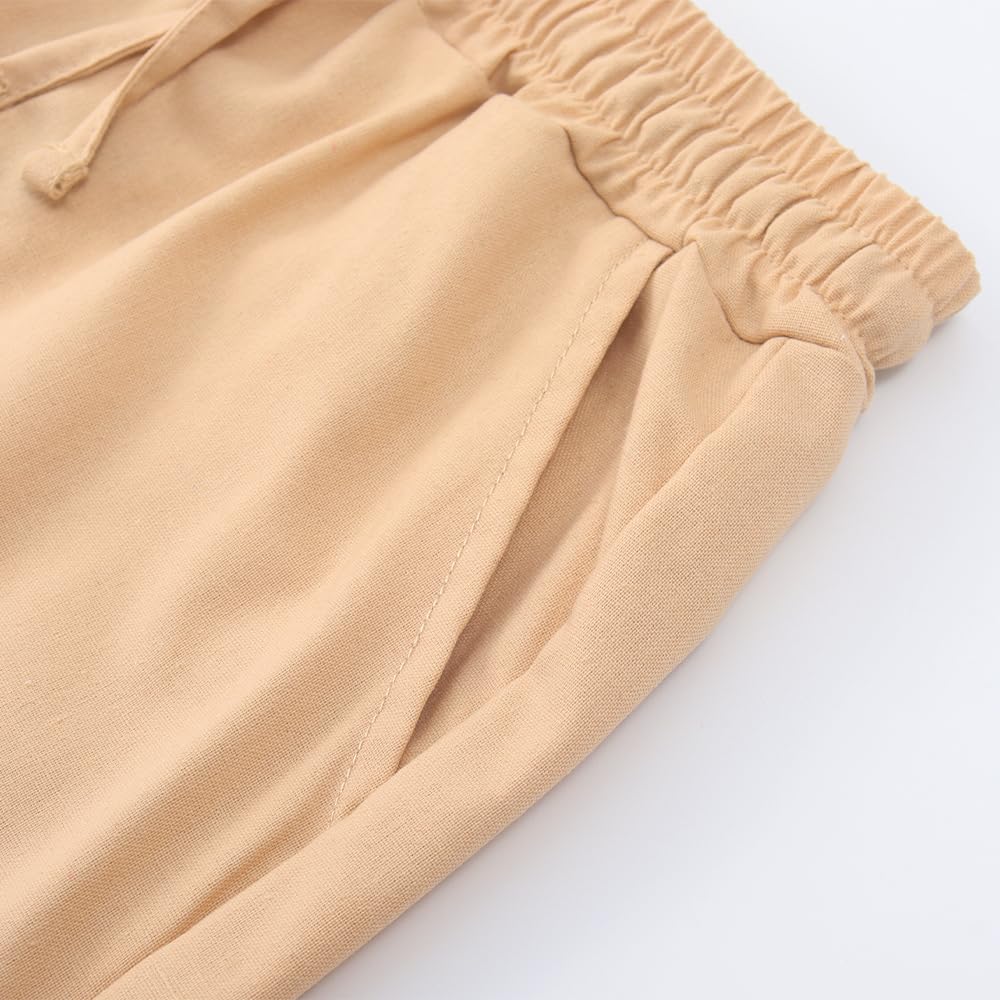 Spring&Gege Pantalones cortos de lino para niños, casuales, sin cierre, cintura elástica, cordón de ajuste, pantalones cortos de playa para verano