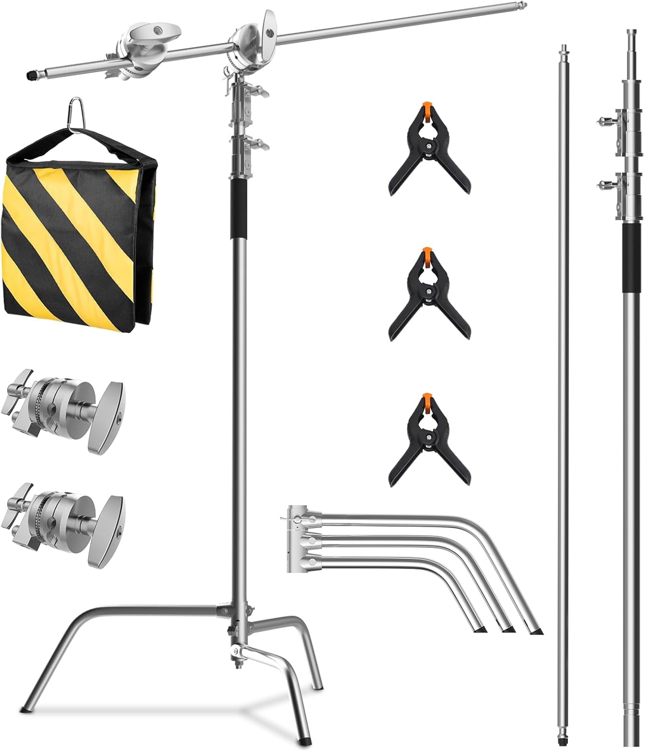 SH C Stand with Boom Arm, Heavy Duty Photography Light Stand, 10.8ft Stainless Steel C-Stand Kit with Sandbag, 4.2ft Boom for Studio Softbox and Reflector,Silver