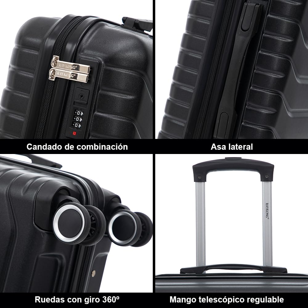 RAYKONG Maleta Cabina 55x40x20cm ABS+Policarbonato (40L) semirígida Equipaje de Mano pequeño 4 Ruedas giratorios a 360º Cierre numérico | Negro