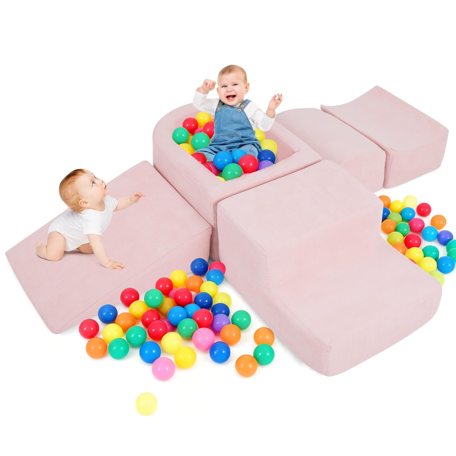 FANTASK 5-teilige Schaumstoffbausteine XXL, Riesen Kletterblöcke mit Bällebad, Großbausteine zum Toben & Klettern, Soft Spielbausteine für Zuhause, Kinderzimmer & Spielzimmer (Rosa, Cordstoff)