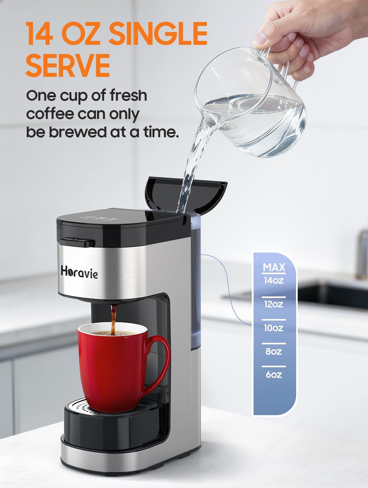 Horavie Single Serve Coffee Maker, Hot and Iced Coffee Maker for K Cup and Ground, 6 to 14 Oz Brew Sizes Single Cup Coffee Maker with Descaling Alert, Ideal for Home, Travel, RV and Dorm,Black — view 7