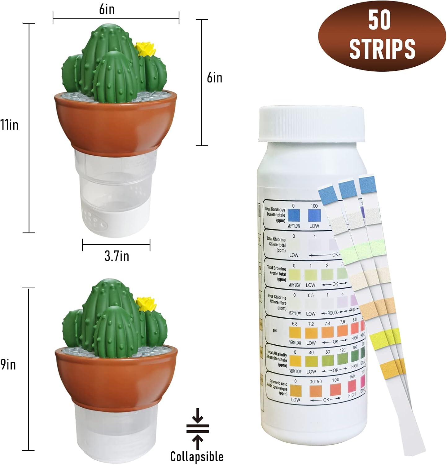 POOLWHALE Cactus Pool & Spa Floating Dispenser Collapsible Floater with Pool Test Strips