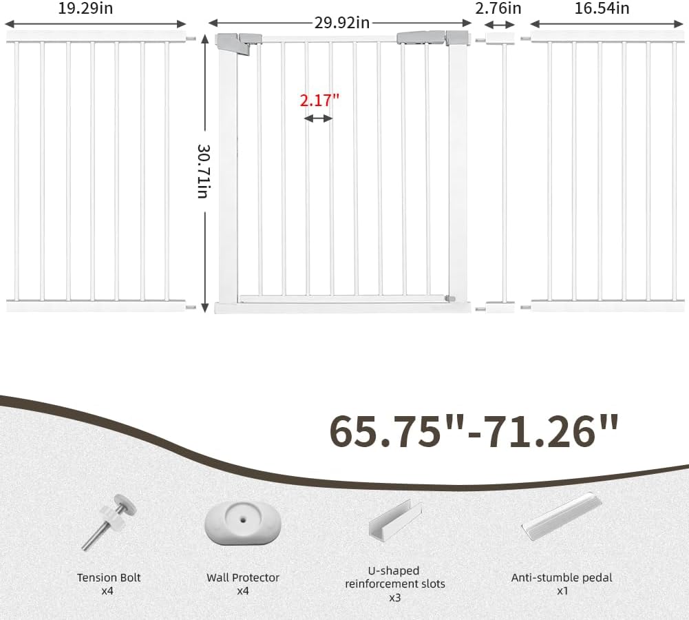 Extra Wide Dog Gate for Doorways Hallways 71.2"-76.7", 30 in Tall Baby Gates with Door No Drill, Auto Close Child Safety Gate for Pet Kid Doggie Cat Proof, Large Long Dog Barrier Indoor House, White