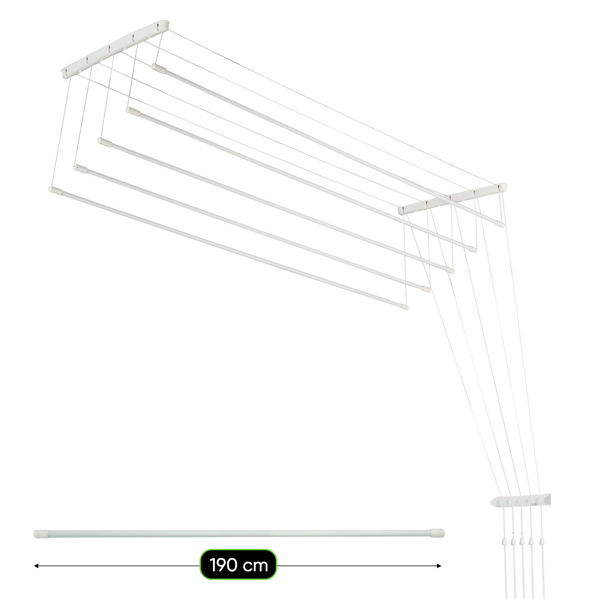 KADAX Deckenwäschetrockner, 9.5m Trockenfläche, Wäschetrockner für die Decke mit 5 Stangen, Wandtrockner mit Stahlsprossen, Deckentrockner Traglast bis 10kg (Weiß/190cm)