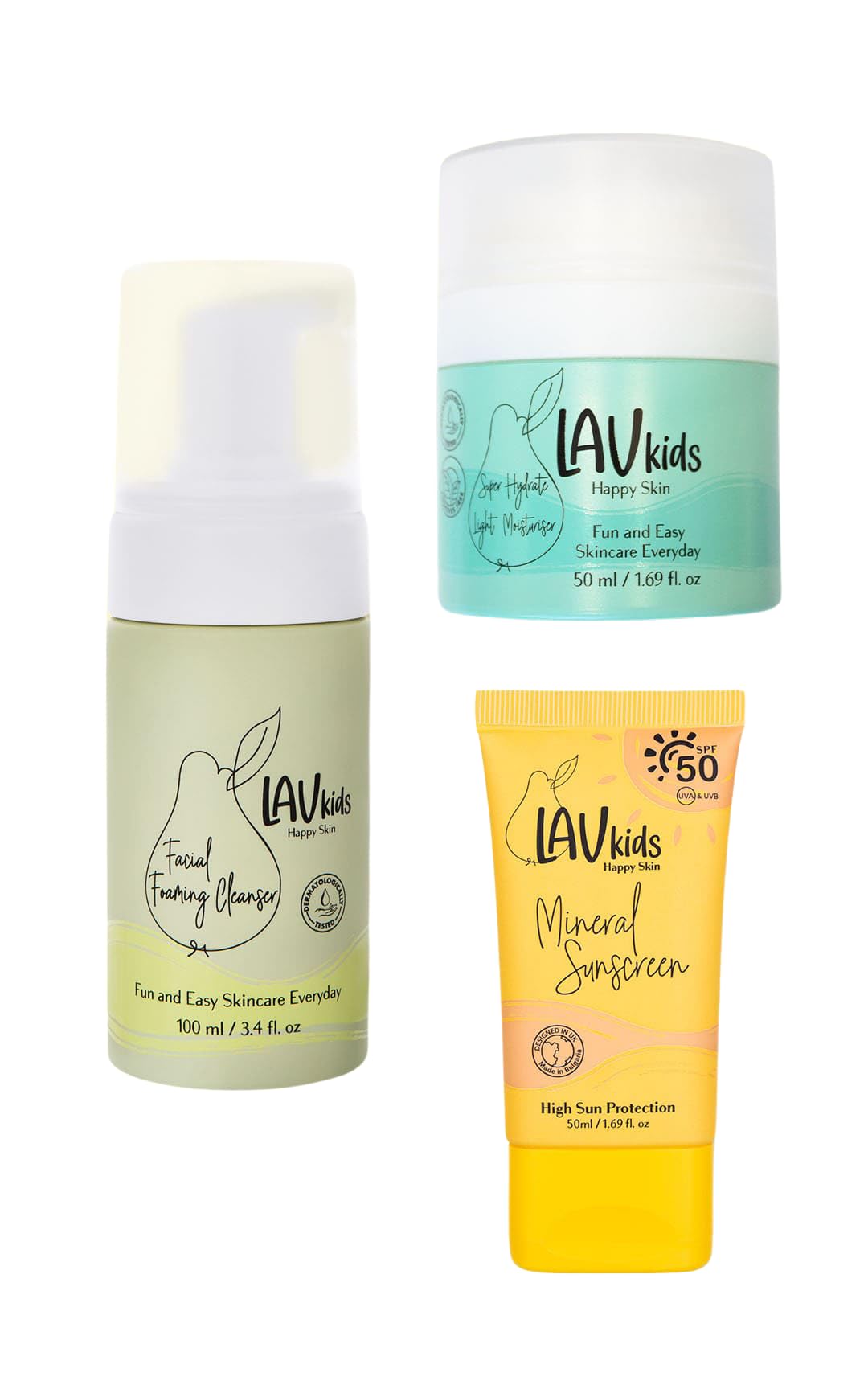 Lav Kids 3-Step Daily Skincare Set for Kids, Foaming Cleanser 100ml, Face Cream 50ml, SPF 50 Sunscreen 50ml