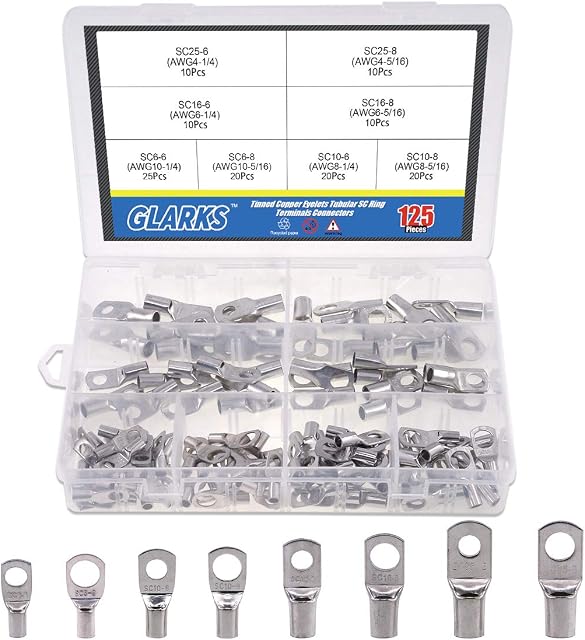 Glarks 125Pcs Marine Grade Heavy Duty Tinned Copper Wire Lugs Battery Cable Ends Eyelets SC Ring Terminal Connectors Assortment Kit