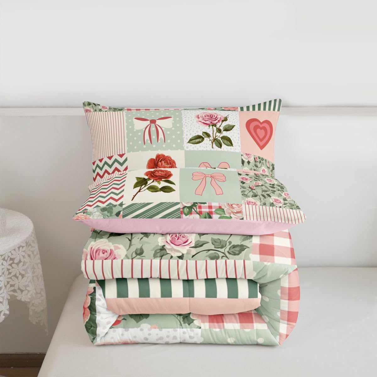 Manfei Floral Bows 3Pcs Comforter Set Queen Size Patchwork Grid Geometric Lines Bedding Set Kids Teens Adult Room Decor Coquette Bow Knot Duvet Insert,2 Pillowcases French Princess Style