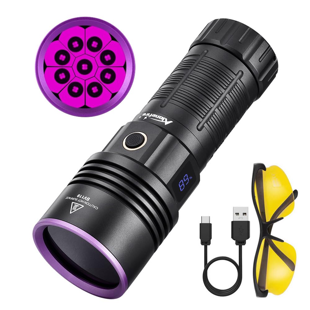 ALONEFIRE SV119 365nm UV Flashlight 90W Powerful Blacklight Digital Display USB C Rechargeable Black Light for Pet Urine Detector, Scorpion, Resin,